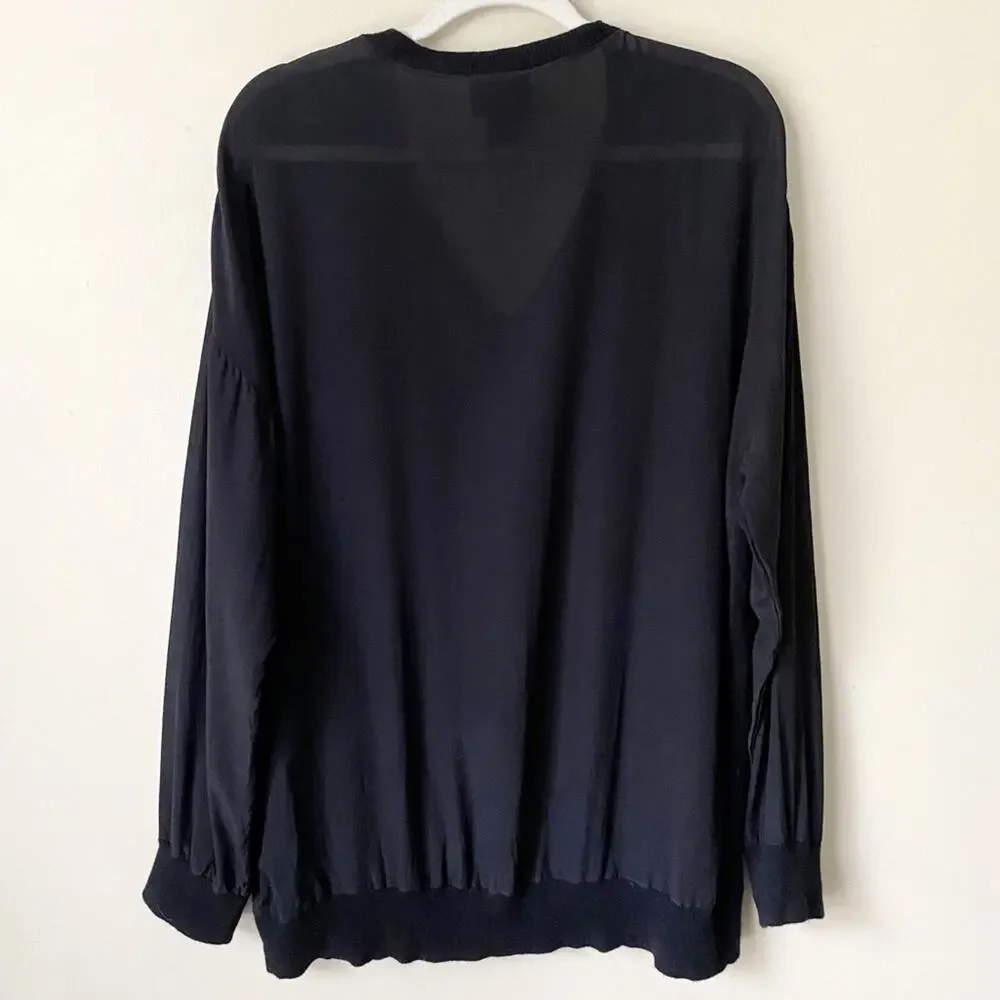 Magaschoni | Cashmere Silk Mixed Media V-neck Sweater Pullover Casual Black XL - Picture 7 of 8